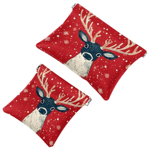 Anna Cowper Kosmetiktasche für Geldbörsen, Leder, kleine Make-up-Tasche, Kosmetiktasche, tragbar, kein Reißverschluss, Make-up-Tasche, Münzgeldbörse, Schmuckbeutel, Weihnachts-Hirsch, 2 Stück, von Anna Cowper