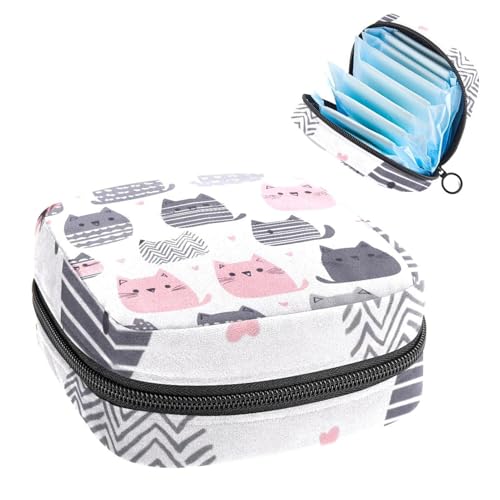 Anna Cowper Perioden-Tasche, Damenbinden-Aufbewahrungstasche, Menstruationspolster, Reißverschluss, tragbar, für Damen, Mädchen, den täglichen Gebrauch, Outdoor-Reisen, rosa und graue Katzen von Anna Cowper