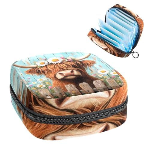 Anna Cowper Perioden-Tasche, Damenbinden-Aufbewahrungstasche, Menstruationspolster, Reißverschluss, tragbar, für Damen, Mädchen, für den täglichen Gebrauch, Outdoor-Reisen, Hochlandkuh, Gänseblümchen von Anna Cowper