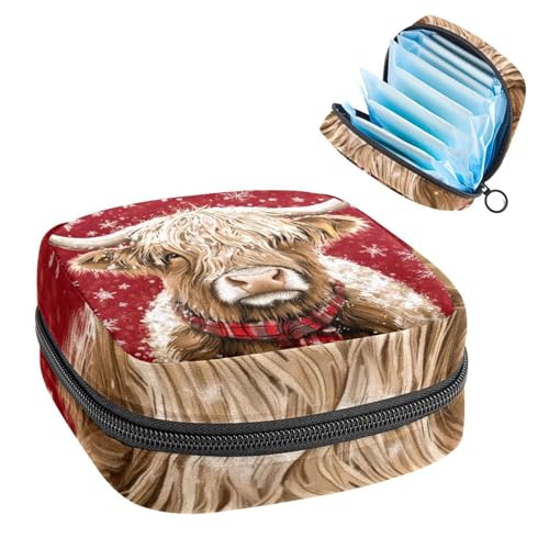 Anna Cowper Periodenbeutel für Damenbinden, Aufbewahrungstasche, Menstruationspolster, Reißverschluss, tragbar, für Damen, Mädchen, für den täglichen Gebrauch, Outdoor-Reisen, Hochlandkuh, Weihnachten von Anna Cowper