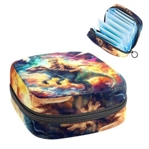 Aufbewahrungstasche für Damenbinden, Periodenbeutel für Schule, Teenager, Mädchen, lustige Katze, die Dinosaurier-Platz reitet, tragbare Perioden-Tasche mit Reißverschluss, Damenbinden-Tasche, von Anna Cowper