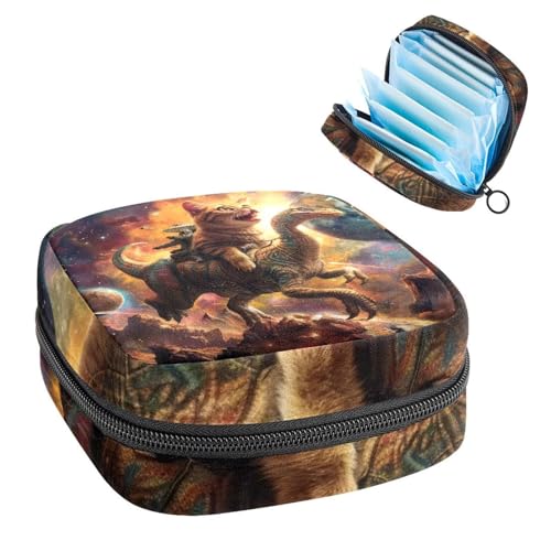 Aufbewahrungstasche für Damenbinden, Periodenbeutel für Schule, Teenager, Mädchen, lustige Katze, die Dinosaurier-Platz reitet, tragbare Perioden-Tasche mit Reißverschluss, Damenbinden-Tasche, von Anna Cowper