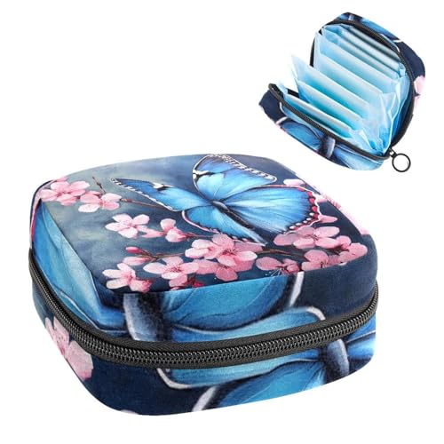 Damenbinden Aufbewahrungstasche Periode Tasche für Schule Teen Mädchen Blau Schmetterling Kirschblüte Tragbare Periode Beutel mit Reißverschluss Damenbinden Tasche Tampons Halter für Geldbörse von Anna Cowper