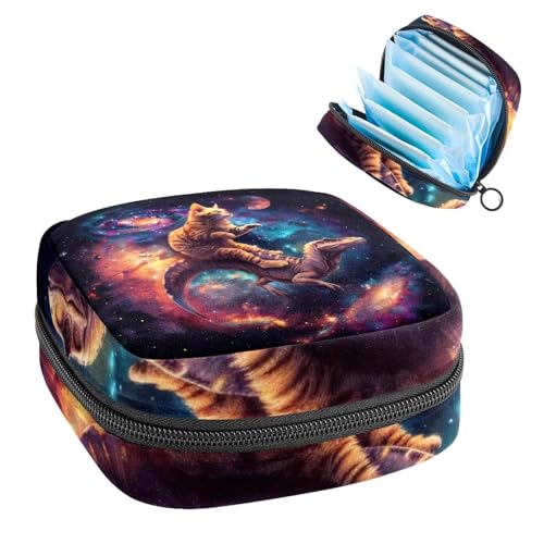 Damenbinden Aufbewahrungstasche Periode Tasche für Schule Teen Mädchen Lustige Katze Reiten Dinosaurier Galaxie Tragbare Periode Tasche mit Reißverschluss Binden Tasche Tampons Halter für Geldbörse von Anna Cowper
