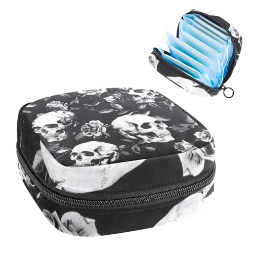 Damenbinden Aufbewahrungstasche Periode Tasche für Schule Teen Mädchen Schwarz Weiß Totenkopf Rosen Tragbare Periode Beutel mit Reißverschluss Binden Tasche Tampons Halter für Geldbörse von Anna Cowper