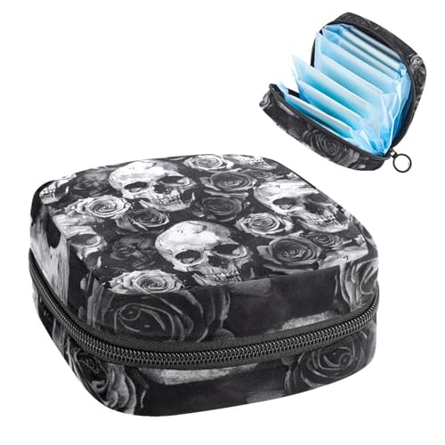 Damenbinden Aufbewahrungstasche Periode Tasche für Schule Teen Mädchen Schwarz Weiß Totenkopf Rosen Tragbare Periode Beutel mit Reißverschluss Binden Tasche Tampons Halter für Geldbörse von Anna Cowper