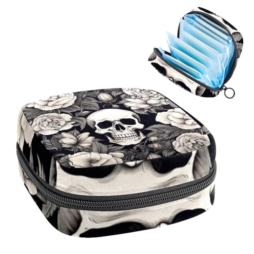 Damenbinden Aufbewahrungstasche Periode Tasche für Schule Teen Mädchen Schwarz Weiß Totenkopf Rosen Tragbare Periode Beutel mit Reißverschluss Binden Tasche Tampons Halter für Geldbörse von Anna Cowper