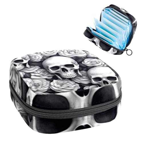 Damenbinden Aufbewahrungstasche Periode Tasche für Schule Teen Mädchen Schwarz Weiß Totenkopf Rosen Tragbare Periode Beutel mit Reißverschluss Binden Tasche Tampons Halter für Geldbörse von Anna Cowper