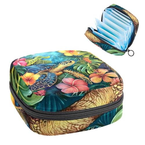 Damenbinden Aufbewahrungstasche Periode Tasche für Schule Teen Mädchen Tropische Blumen Schildkröte Tragbare Periode Tasche mit Reißverschluss Binden Tasche Tampons Halter für Geldbörse von Anna Cowper