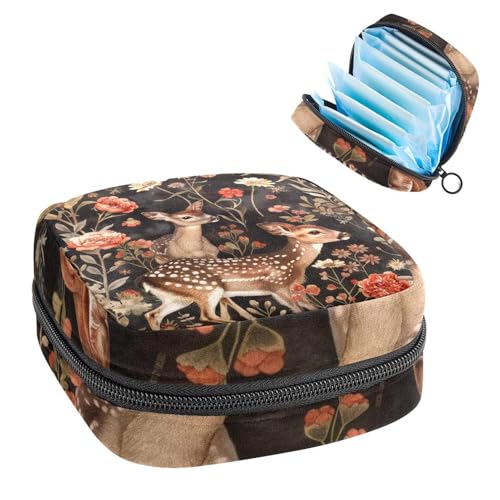 Damenbinden Aufbewahrungstasche Periode Tasche für Schule Teen Mädchen Vintage Hirsch Blumen Tragbare Periode Tasche mit Reißverschluss Binden Tasche Tampons Halter für Geldbörse von Anna Cowper