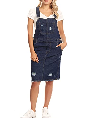 Anna-Kaci Damen Lässig Raw Edge Hem Denim Kratzen Stil Jeansskirt Jeansrock Minirock Verstellbar Träger Latzkleid Latzrock Rock, S, Indigo von ANNA-KACI