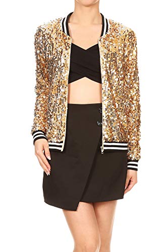 ANNA-KACI Damen Schwarz Silber Pailletten Dünne Rib Rop Langarm Reißverschluss Kurz Bomberjacke Fliegenjacke Bikerjacke Blazer Jacke, Gelb Gold, XXL von ANNA-KACI