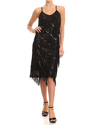 Anna-Kaci Frauen Adjustable Gatsby Pailletten Quaste Fransen Troddel 1920s Flapper ärmellos Schwingen Quasten Rückenfrei Spaghettibügel Party Mini Kleid, M, Schwartz von ANNA-KACI