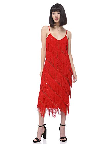 Anna-Kaci Frauen Adjustable Gatsby Pailletten Quaste Fransen Troddel 1920s Flapper ärmellos Schwingen Quasten Rückenfrei Spaghettibügel Party Mini Kleid, S, Rot von ANNA-KACI