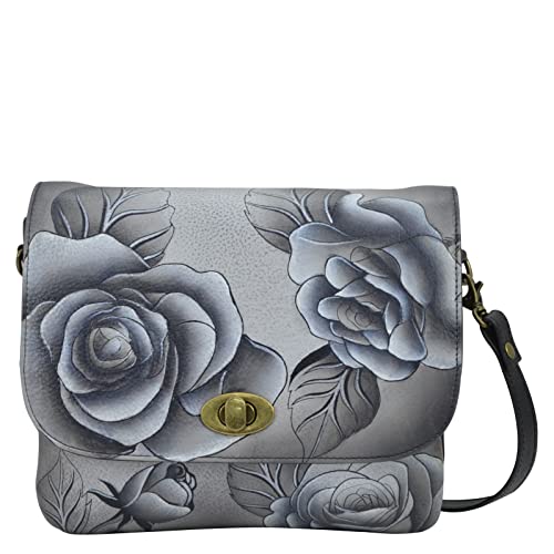 Anna by Anuschka Damen Women's Leather Triple Compartment Flap Crossbody Bag Umhängetasche mit 3 Fächern, Romantic Rose Black von Anna by Anuschka