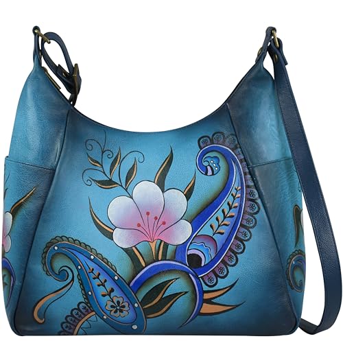 Anna by Anuschka Damen, Handbemaltes, Groß, Mehrere Taschen, Paisleymuster, Blumenmuster Hobo Handtasche | Echtes Leder, Denim Paisley Floral von Anna by Anuschka