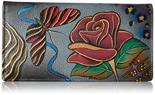 Anna by Anuschka Damen Women's Leather Hand Painted Clutch Wallet Geldbörse, handbemalt, Leder, Druckknopfverschluss, Rosa, Grau, Einheitsgröße, Rose Safari Grey von Anna by Anuschka