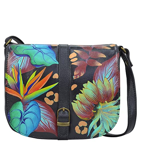 Anna by Anuschka Damen Flap Crossbody Umhängetasche aus echtem Leder, handbemalt, Schwarz, Tropical Dreams Black von Anna by Anuschka