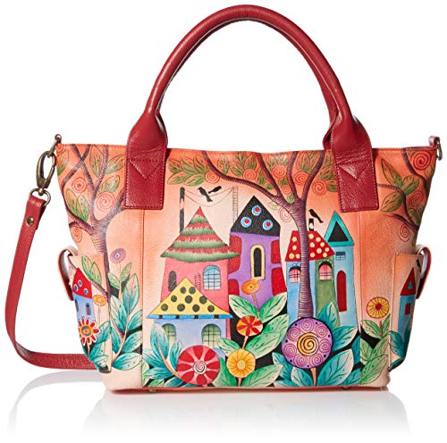 Anna by Anuschka Damen Hand Painted Leather Women's Large Tote with Side Pocket Tragetasche, Village Off Dream von Anna by Anuschka