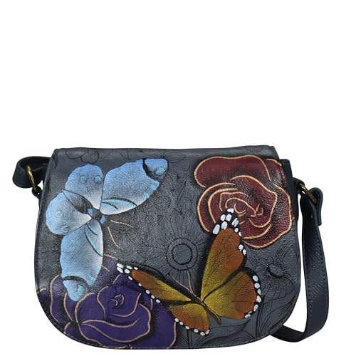 Anna by Anuschka Damen Handbemalte Leder Crossbody Satteltasche, Floral Paradise Charcoal, Einheitsgröße von Anna by Anuschka