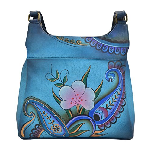 Anna by Anuschka Damen Handbemalte umhängetasche DREI Fächern Satchel Handtasche | Echtes Leder, Denim Paisley Floral von Anna by Anuschka