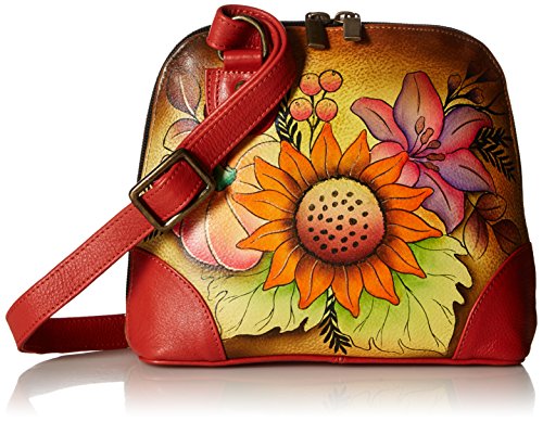 Anna by Anuschka Damen Handtasche aus Echtem Leder, Klein, mit Reißverschluss, Mehrere Fächer Handgemaltes Original-Kunstwerk, Herbststrauß von Anna by Anuschka