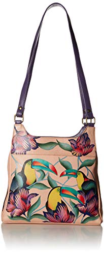 Anna by Anuschka Damen Hobo, handbemalt, Größe M Satchel Handtasche | Echtes Leder, Tropischer Toucan von Anna by Anuschka