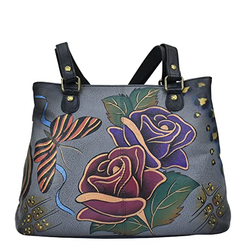 Anna by Anuschka Damen Schultertasche, aus echtem Leder, handbemalt, Rose Safari Grau von Anna by Anuschka