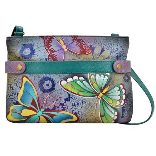 Anna by Anuschka Damen-Handtasche aus echtem Leder, mittelgroß, mit Reißverschluss und Druckknopfseite, Mehrere (Bpd/Butterfly Paradise), Einheitsgröße von Anna by Anuschka