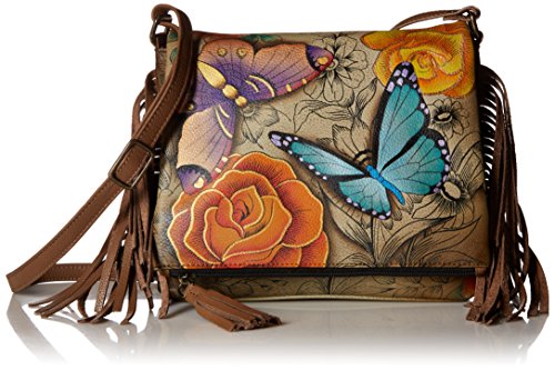Anna by Anuschka Damen-Umhängetasche, echtes Leder, mit Klappe, handgemaltes Original-Kunstwerk, Mehrere (Floral Paradise Tan), Einheitsgröße von Anna by Anuschka