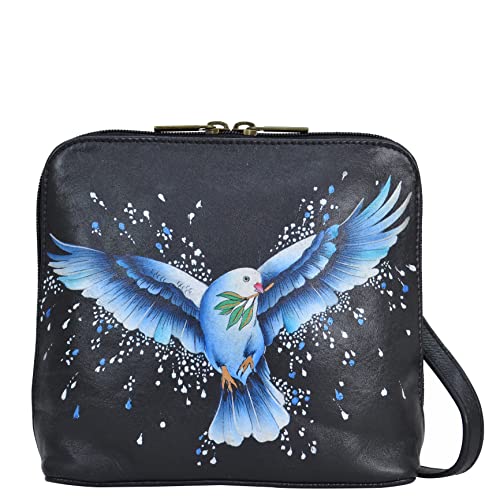 Anna by Anuschka Damen Handbemalte Umhängetasche aus echtem Leder, Kleiner Reißverschluss, and, Peace Love von Anna by Anuschka