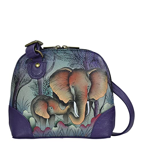 Anna by Anuschka Damen Handtasche aus Echtem Leder, Handbemaltes Echtleder, klein, mehrere Fächer, Reißverschluss, Elefantenfamilie von Anna by Anuschka