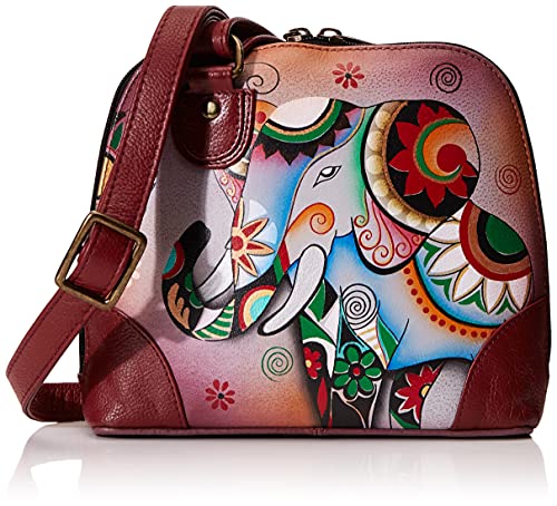 Anna by Anuschka Damen Handtasche aus Echtem Leder, Klein, mit Reißverschluss, Mehrere Fächer Handgemaltes Original-Kunstwerk, Retro-Elefant von Anna by Anuschka