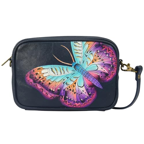 Anna by Anuschka Damen Women's Hand-Painted Leather Crossbody Bag Original handbemalte Umhängetasche aus echtem Leder, Magical Wings Navy von Anna by Anuschka