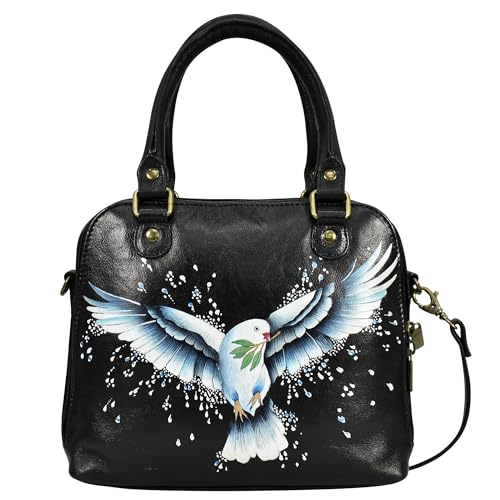 Anna by Anuschka Damen umhängetasche, Handbemalt, Echtes Leder, Doppelreißverschluss Organizer mit doppeltem Reißverschluss, Peace and Love von Anna by Anuschka