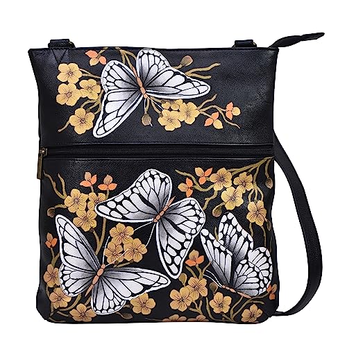 Anna by Anuschka Damen Women's Hand-Painted Leather Shoulder Bag Slim Cross Umhängetasche, Butterfly Dusk von Anna by Anuschka