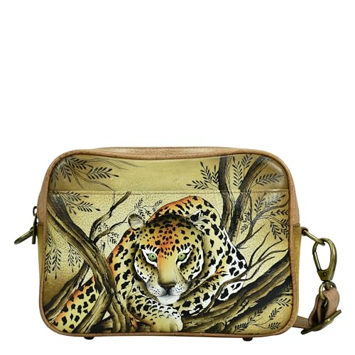 Anna by Anuschka Damen Women's Hand-Painted Leather Twin Zippered Crossbody Umhängetasche mit Zwei Reißverschlüssen, Afrikanischer Leopard, Hellbraun von Anna by Anuschka