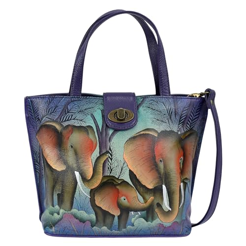 Anna by Anuschka Damen Women’s Leather Hand-Painted Medium Tote with Loop and Turn Lock Original Echtleder handbemalte mittelgroße Tragetasche mit Schlaufe und Drehverschluss, Elefantenfamilie von Anna by Anuschka