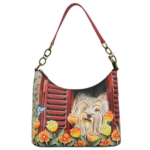 Anna by Anuschka Damen Women’s Leather Hand-Painted Shoulder Bag Original Echtes Leder Handbemalt Hobo Umhängetasche, Happy Pup von Anna by Anuschka