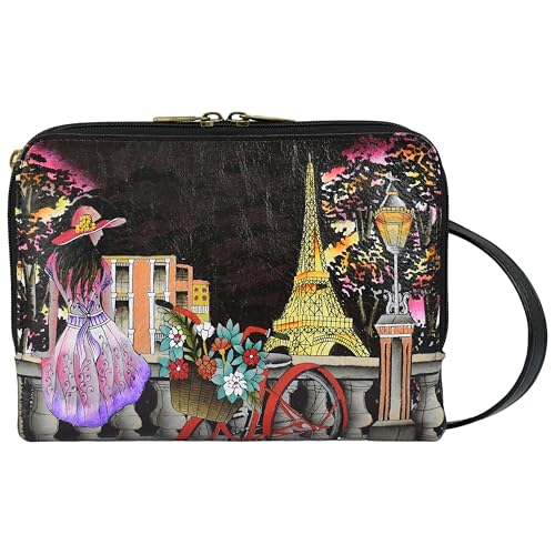 Anna by Anuschka Damen Women’s Original Leather Hand-Painted Expandable Triple Compartment Crossbody Umhängetasche, echtes Leder, handbemalt, erweiterbar, dreifach, Paris at Night von Anna by Anuschka
