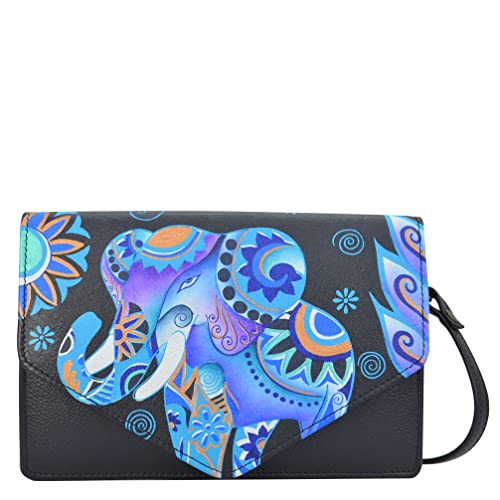 Anna by Anuschka Damen wandelbare Kupplung Handbemalte Echtleder 3-in-1 Convertible Crossbody Clutch Gürteltasche – Blauer Elefant von Anna by Anuschka