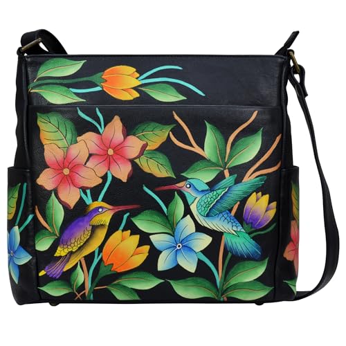 Anna by Anuschka Damen with Side Pockets Echtleder-Crossbody mit Seitentaschen, Vogel im Paradies-Schwarz von Anna by Anuschka