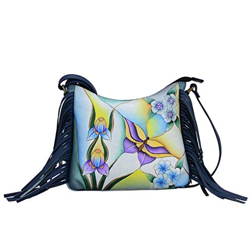 Anna by Anuschka Echtes handbemaltes Leder | große Umhängetasche mit Fransen, Glasmalerei Schmetterling blau, Einheitsgröße von Anna by Anuschka