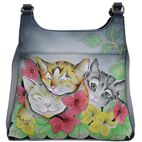 Anna by Anuschka Handbemalte Damen-Umhängetasche aus Leder mit drei Fächern, Drei Kätzchen, Einheitsgröße von Anna by Anuschka