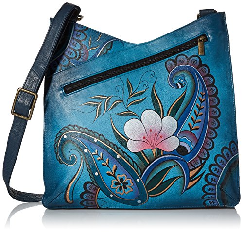 Anna by Anuschka Handbemaltes Leder Damen V Top Large Crossbody, Denim Paisley Floral, Einheitsgröße von Anna by Anuschka