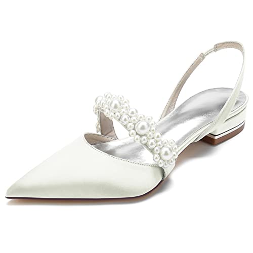 Damen-Flats mit spitzer Zehenpartie, Satin, Perlen, Hochzeit, Flats für die Braut, bequeme weiße Brautschuhe mit Knöchelriemen, Abschlussball, Party, Schuhe, Pumps, Elfenbein, 39 EU von Anna's Bridal