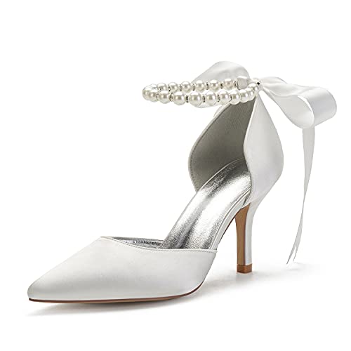 Damen Perlweiß Hochzeitsschuhe für Braut High Heels Spitze Zehen Brautschuhe Satin Abschlussball Party Kleid Pumps Sandalen, Elfenbein, 38 EU von Anna's Bridal