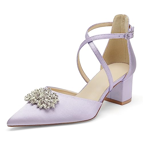 Spitzer Zehenbereich, Satin, Hochzeitsschuhe, weiße niedrige Absätze, Strass, Kreuzriemen, Blockabsätze, bequeme Anzugschuhe für Damen, Lavendel, 39 EU von Anna's Bridal