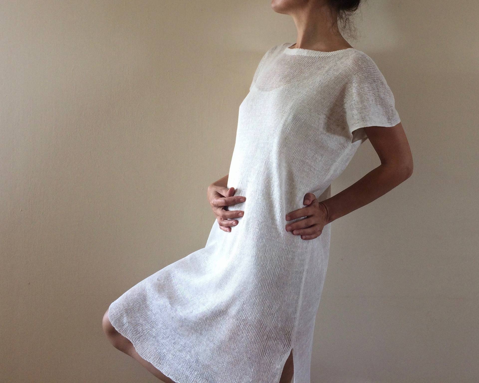 Cremige Leinentunika Gestrickte Bluse Aus Reinem Flachs Einzigartiger Übergroßer Damenpullover Sommeroberteil Leinen Hemd in Einheitsgröße von AnnaDamzyn