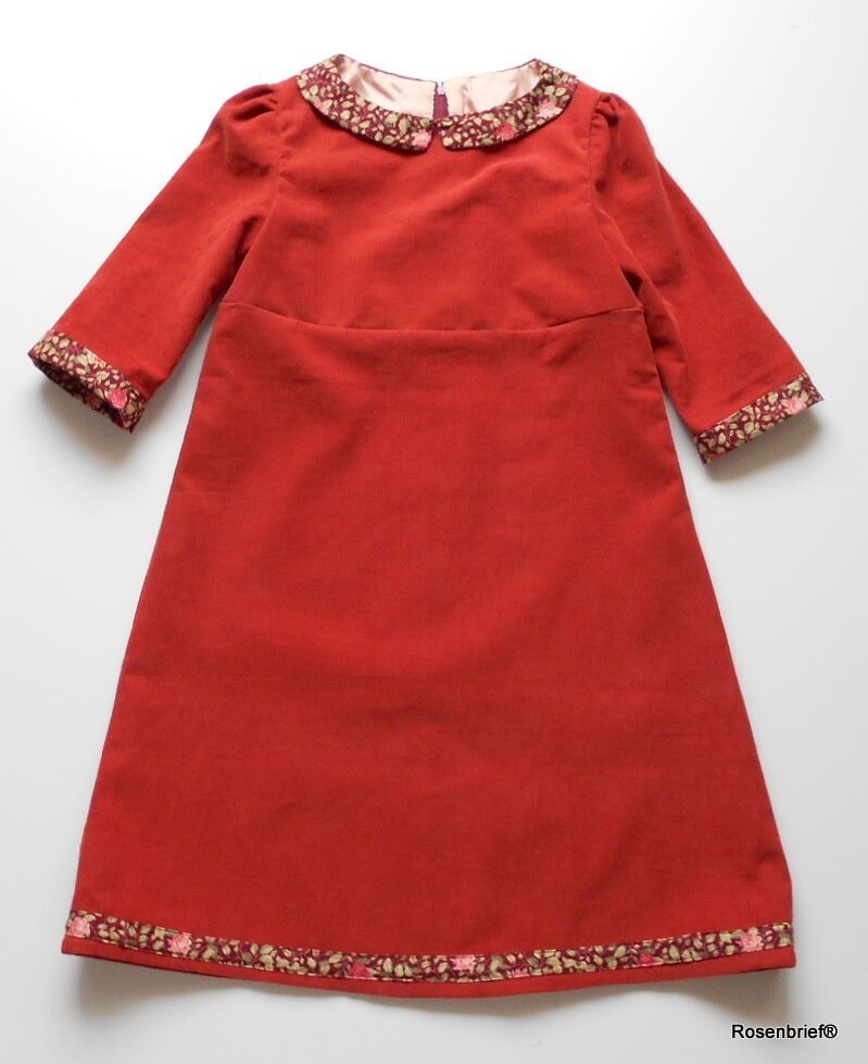 Mädchenkleid, Gr.128 Plus, Handgefertigt Unikat Terracotta/Zimt Kleid Feincord Mit Wunderschöner Borte A-Linie Sofort Lieferbar von AnnaKarlin
